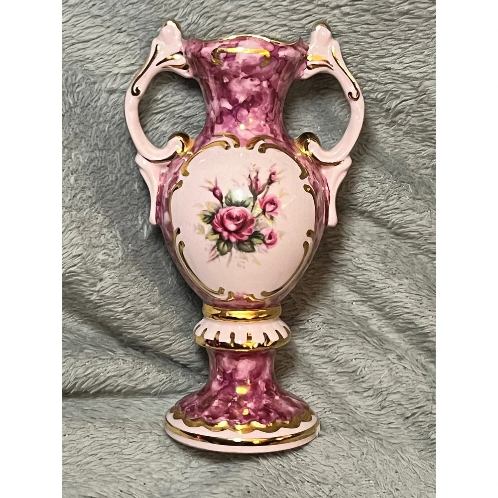 Porcelain Fairlow Vase Pink Rose Marbled Double Handle Urn Gold Gilt Floral 6